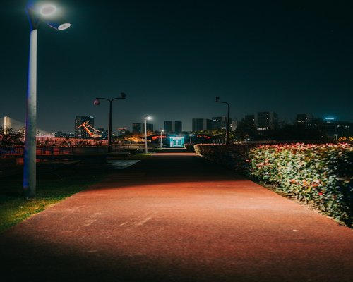 A quiet park path in a city during the evening